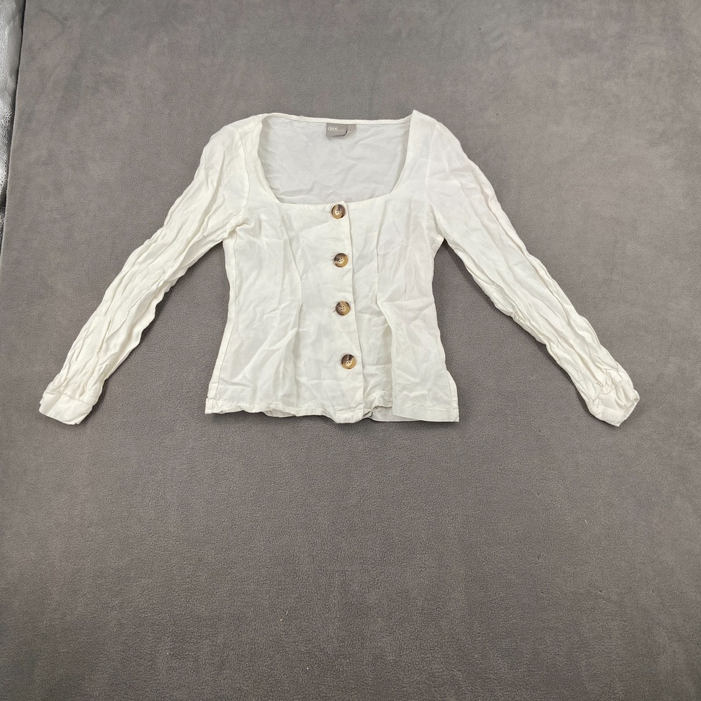 ASOS Shirt Top Womens 0 White Stretch Viscose Slim Fit Square Neck Button Front